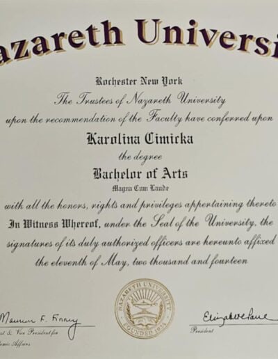certifikát Nazareth University New York, Karolína Cimická