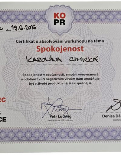 certifikát Spokojenost, Karolína Cimická