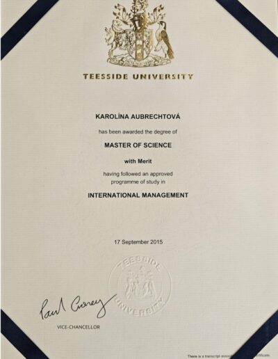 certifikát Teesside University, Karolína Cimická